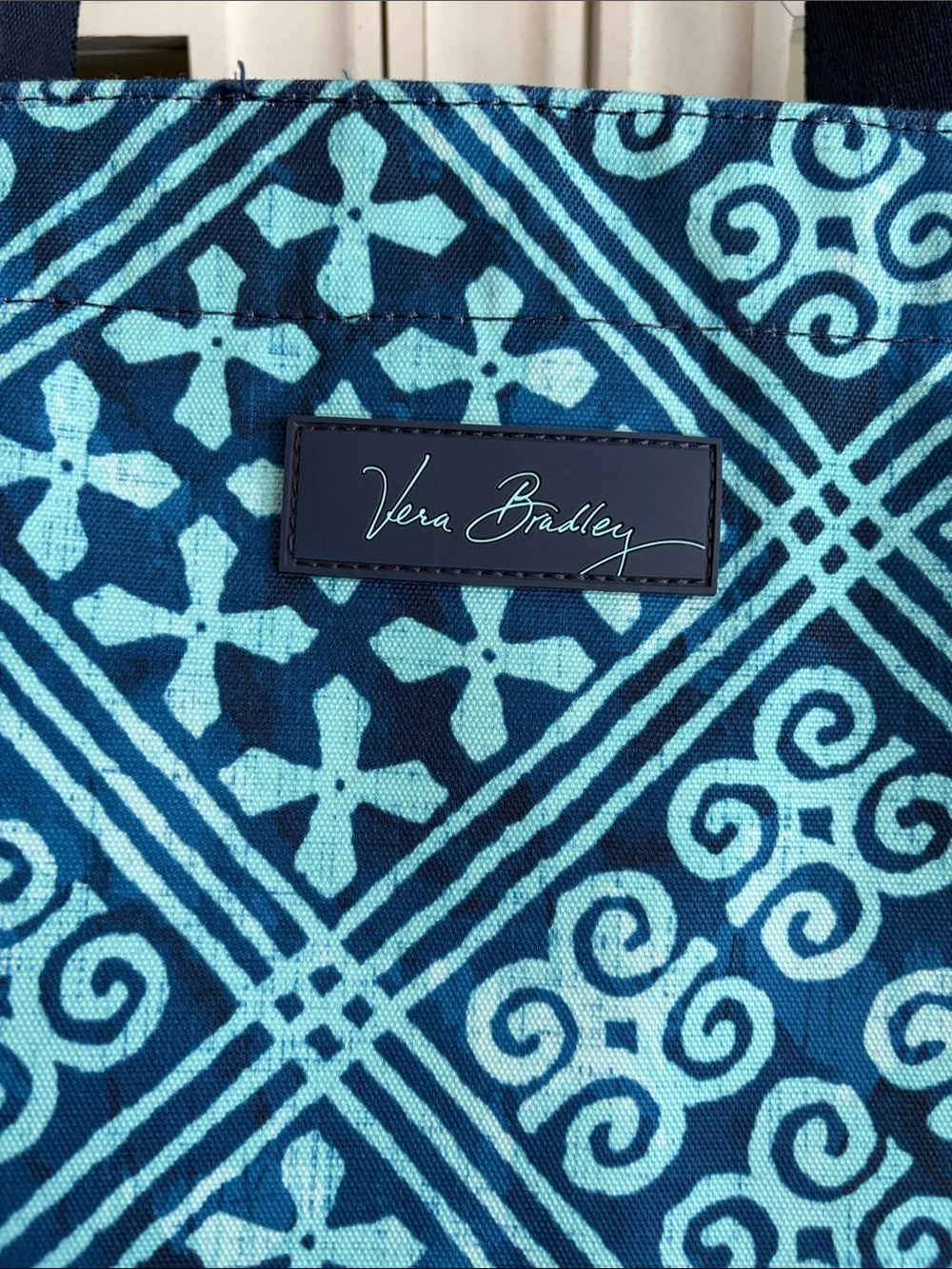 Era Bradley Blue Patterned Tote Bag with Navy Handles